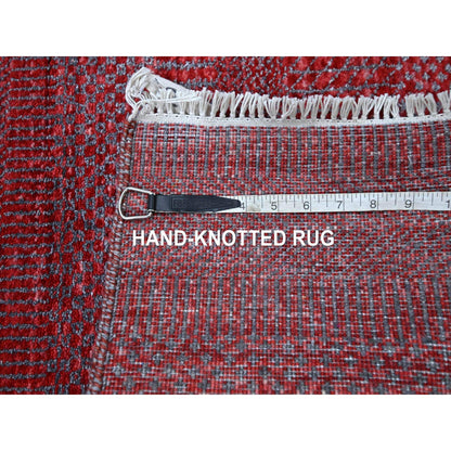 2'6"X16'3" Red Modern Grass Design Hand Knotted Wool And Silk Runner Rug