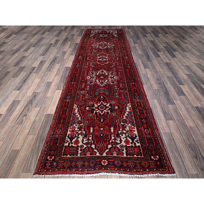 3'6"X11'5" Red Vintage Zoroastrian Heris Pure Wool Hand Knotted Runner Rug