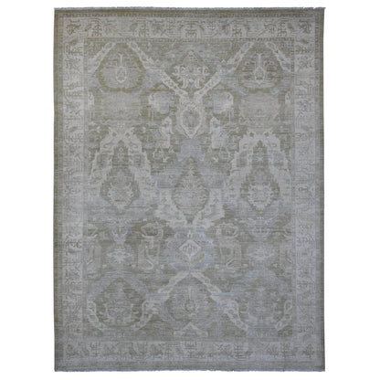 9'X11'9" Green Antiqued Peshawar Mahal Design Hand Knotted Pure Wool Rug