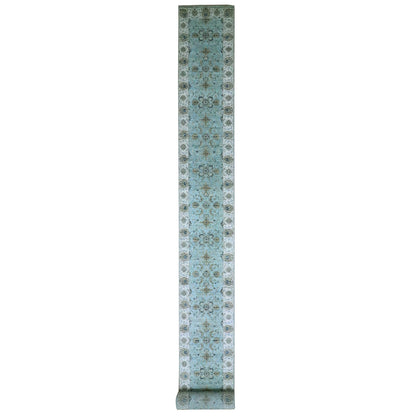 2'6"X29'10" Blue Hand Knotted Flower Vines Design Pure Wool Xl Runner Rug