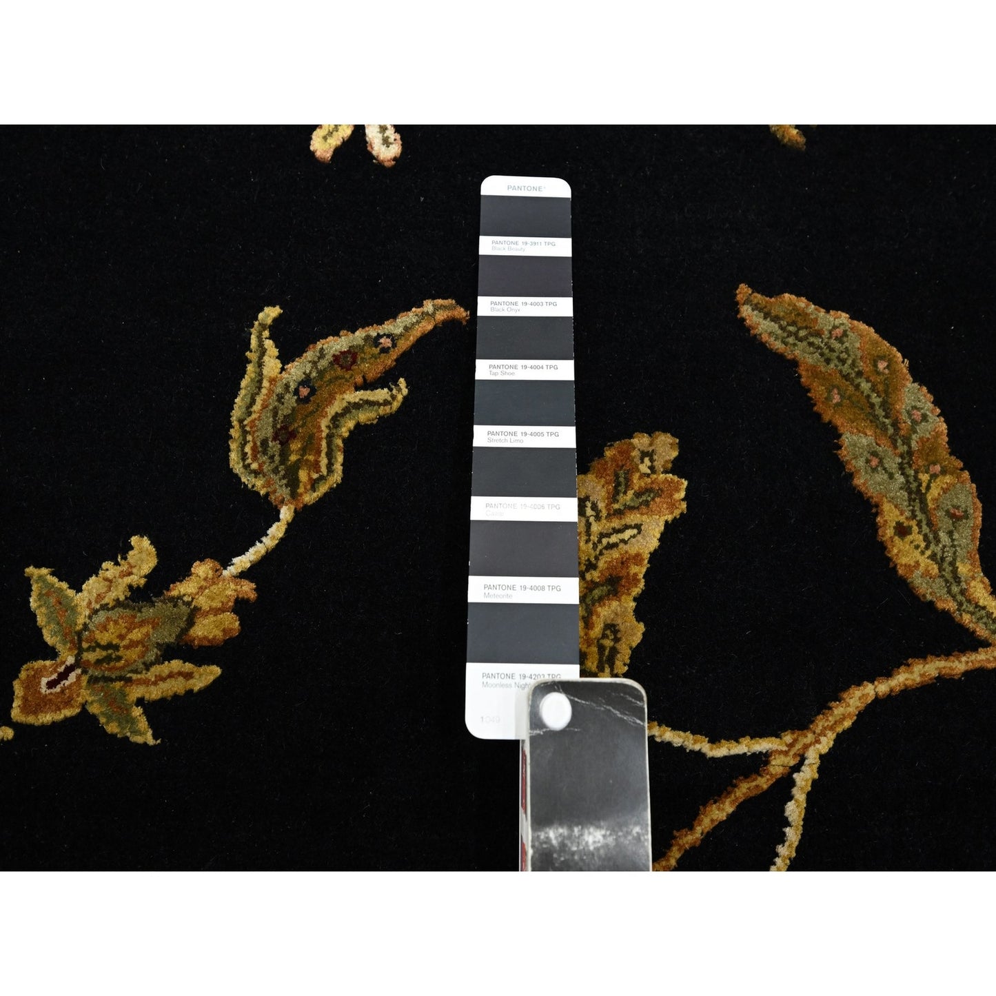 Rug 4'x6' Midnight Black Botanical Design Wool and Silk Hand Knotted