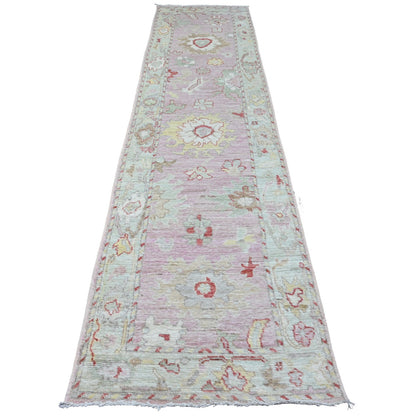 2'10"X11'7" Pink Wool Angora Oushak Leaf Design Hand Knotted Runner Rug