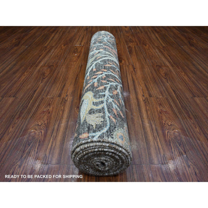 4'X15'10" Gray Hand Knotted Wool Birds Paradise Peshawar Wide Runner Rug