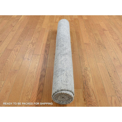 4'X9'8" Gray Erased Zoroastrian Design Runner Wool-Silk Hand Knotted Rug