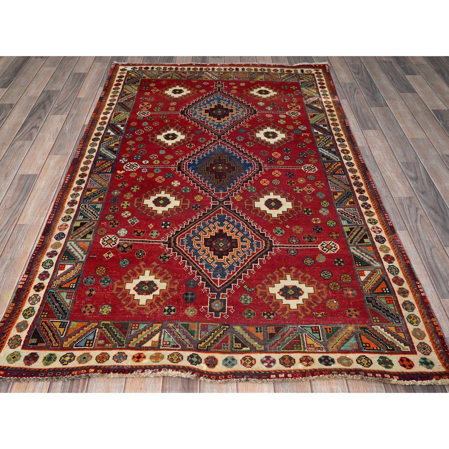 4'1"X6'6" Red Vintage Zoroastrian Geometric Design Hand Knotted Wool Rug