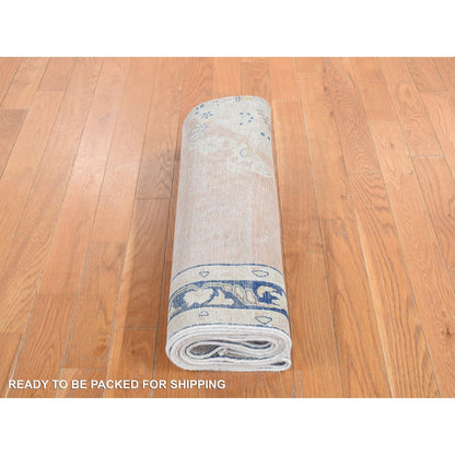 4'7"X7'6" Pink Worn Wool Hand Knotted White Wash Vintage Karman Rug