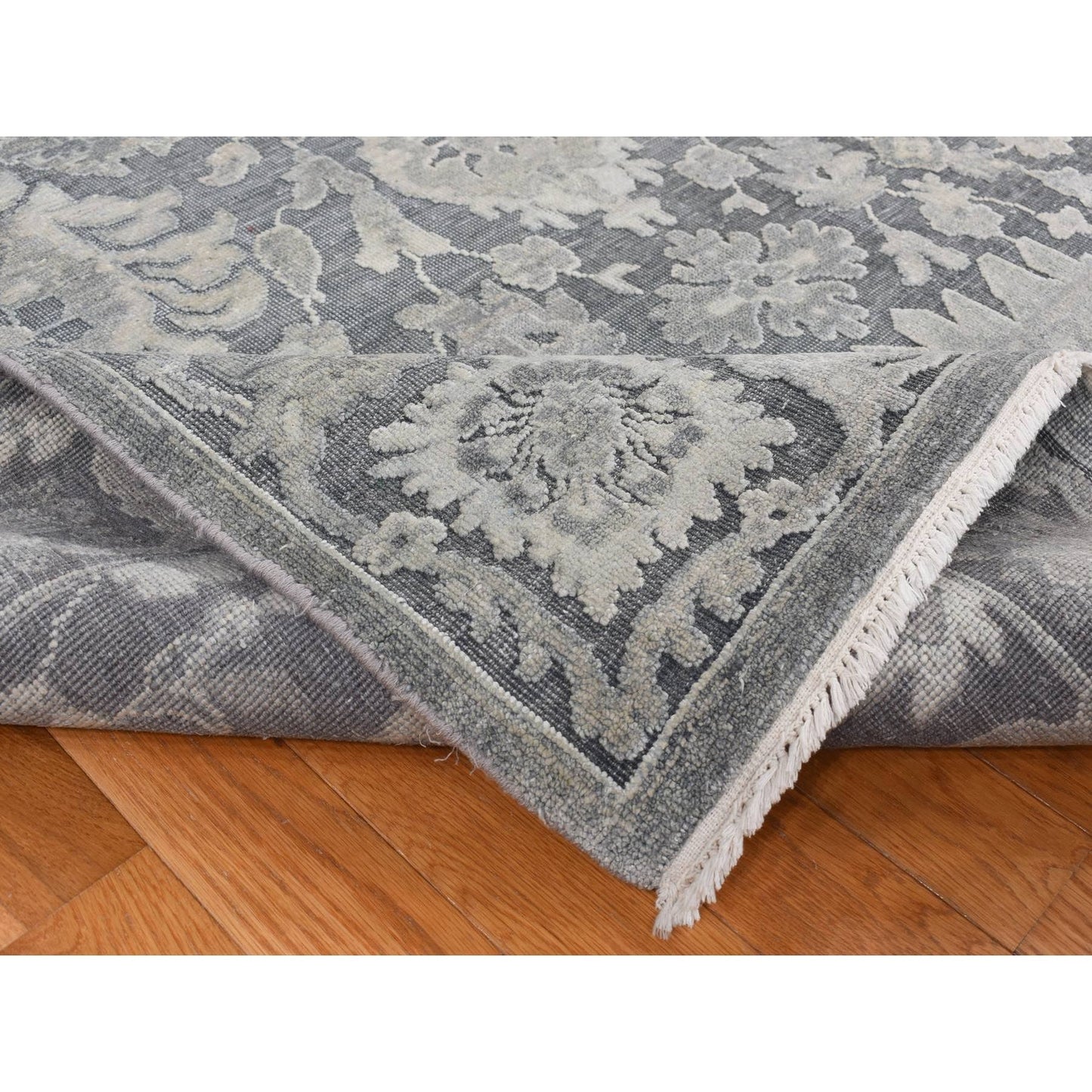 9'X12'4" Gray Silk With Textured Wool Hand Knotted Oushak Influence Rug