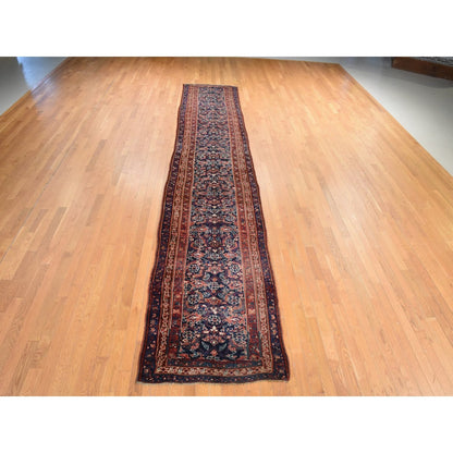 3'4"X16'3" Navy Blue Antique Zoroastrian Rug Pure Wool Hand Knotted Runner