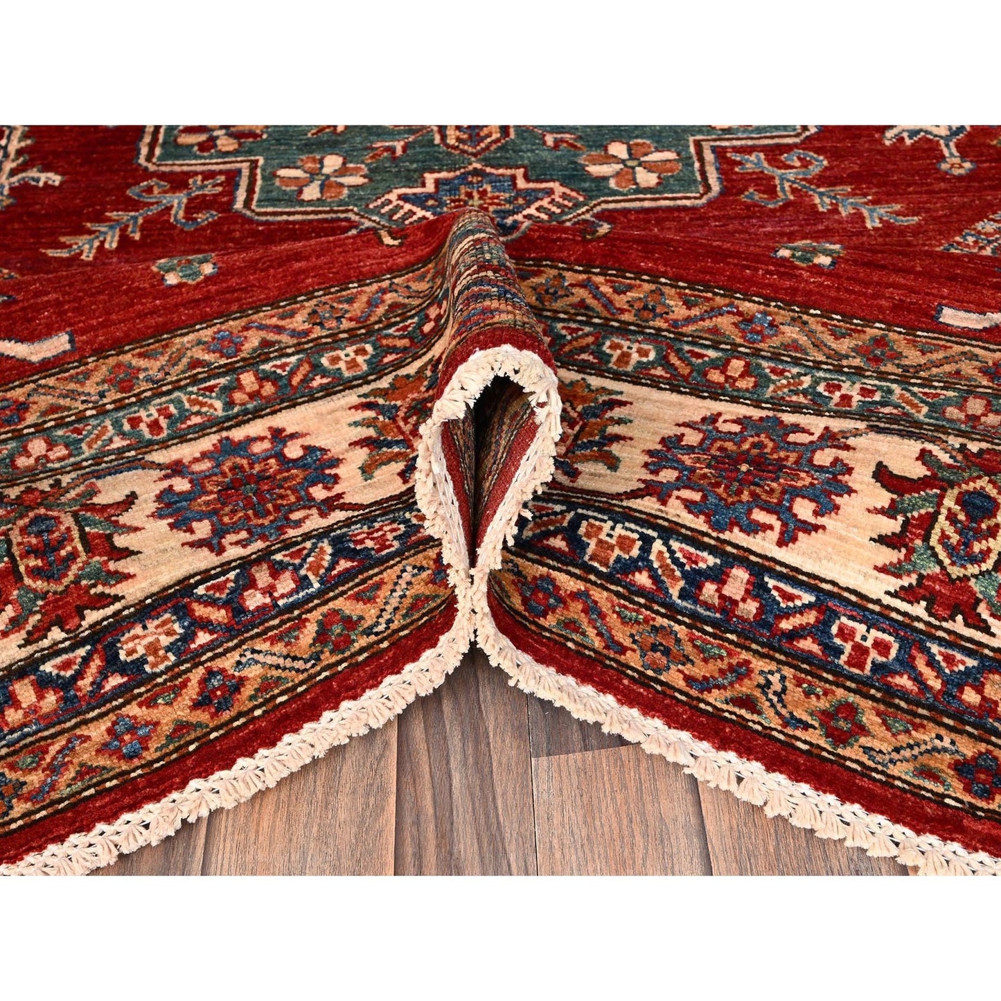 6'2"X8'6" Red Hand Knotted Afghan Super Kazak Medallions Design Wool Rug