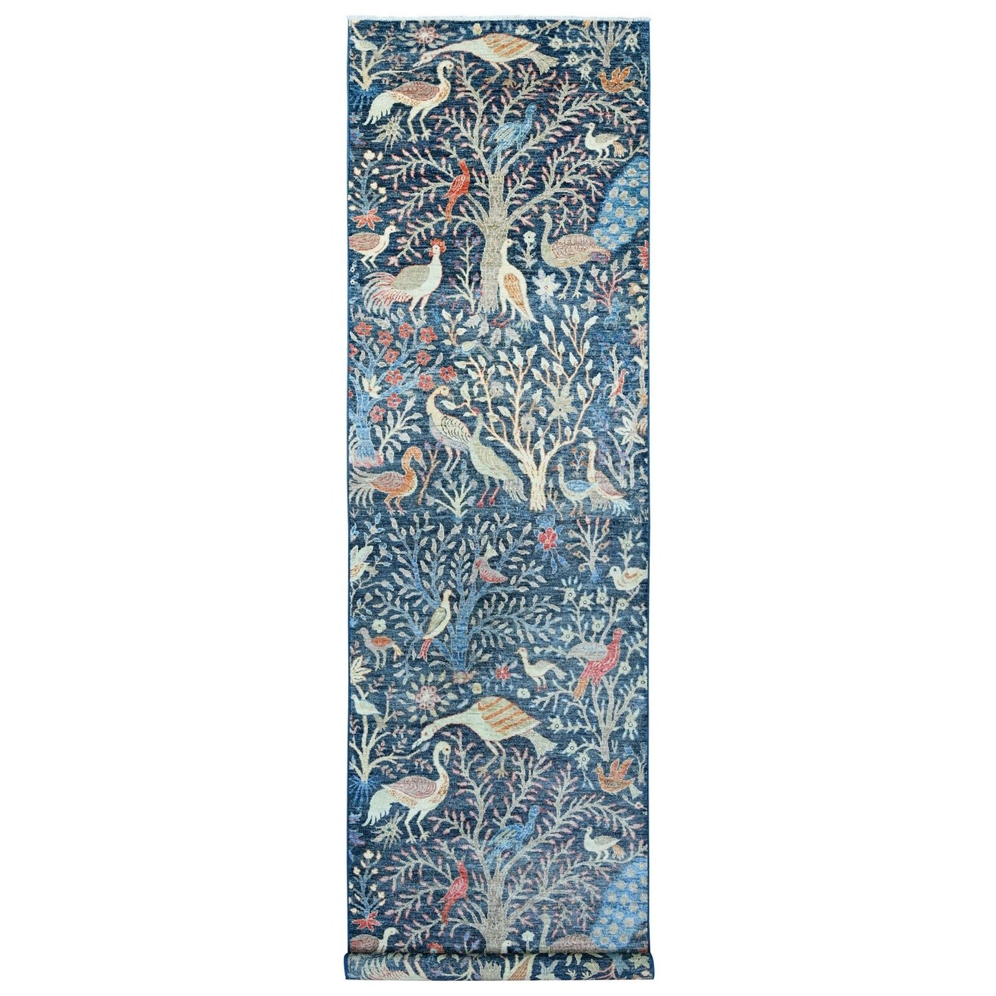 4'X15'8" Blue Hand Knotted Afghan Peshawar Birds Design Wool Runner Rug