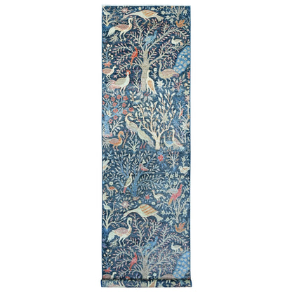 4'X15'8" Blue Hand Knotted Afghan Peshawar Birds Design Wool Runner Rug