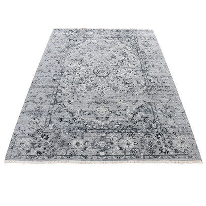 5'1"X7' Black Coral Design Silk And Wool Hand Knotted Oriental Rug