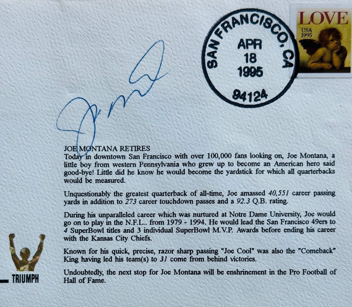 Joe Montana Autographed Gateway First Day Cover April 18 1995