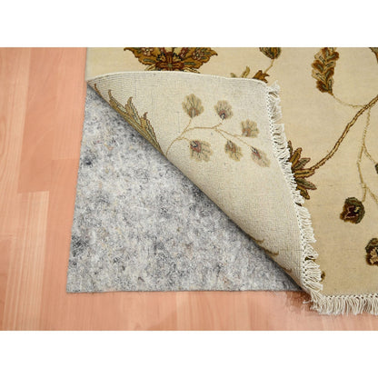 4'X6' Parchment White Botanical Design Wool And Silk Hand Knotted Rug