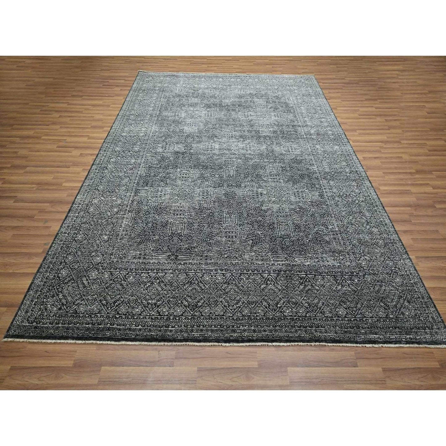 8'2"x10'2" Black Wool and Silk Intricate Star Design Hand Knotted Rug