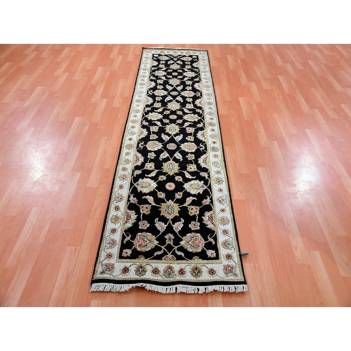 2'7"X10' Black Wool Silk Hand Knotted Rajasthan Leaf Design Runner Rug