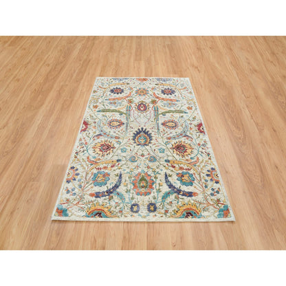 5'2"X7'4" Tan,Hand Knotted Sickle Leaf Silk Textured Wool Oriental Rug