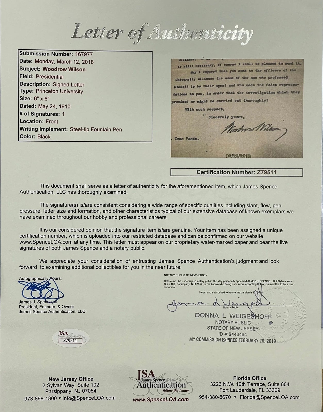 Woodrow Wilson Autographed 6'X8' Princeton University Letter (Jsa)