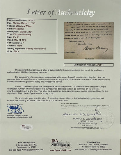 Woodrow Wilson Autographed 6'X8' Princeton University Letter (Jsa)