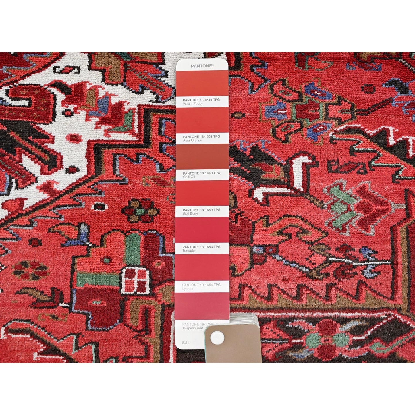 10'1"X12'7" Red Vintage Zoroastrian Heris Hand Knotted Wool Shaved Low Rug