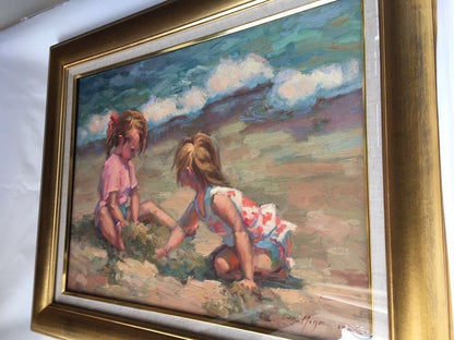 Louise DeMore OPA Original Oil Painting Little Girls Beach Impressionist
