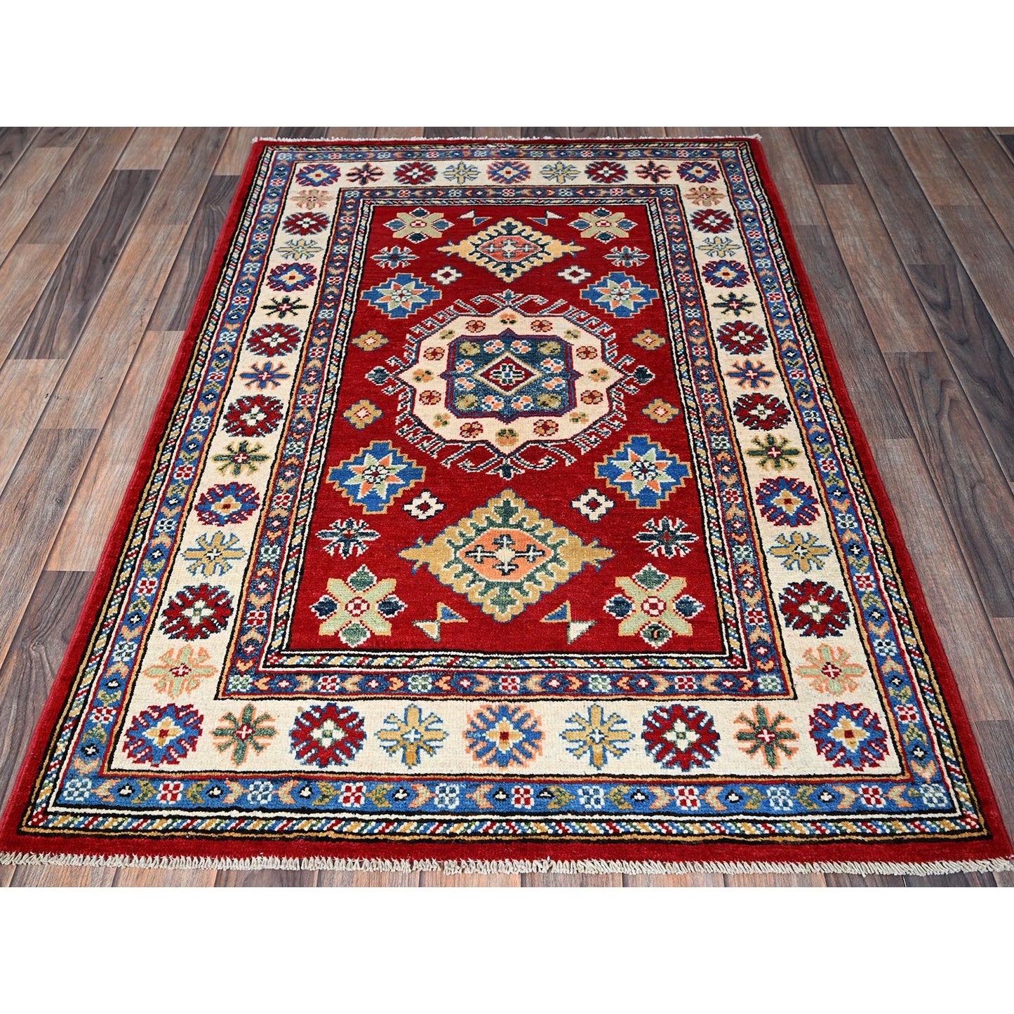 3'3"X4'10" Red Kazak With Geometric Design Hand Knotted Wool Oriental Rug