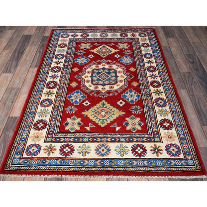 3'3"X4'10" Red Kazak With Geometric Design Hand Knotted Wool Oriental Rug