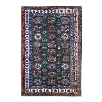 6'X9' Green Hand Knotted Super Kazak Tribal Medallions Wool Oriental Rug