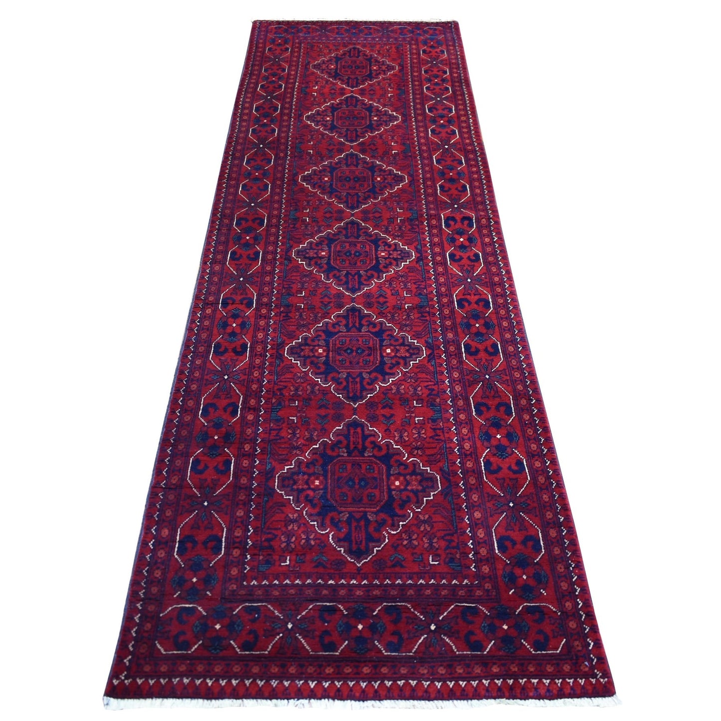 2'9"X9'5" Red Afghan Khamyab Wool Tribal Design Hand Knotted Runner Rug
