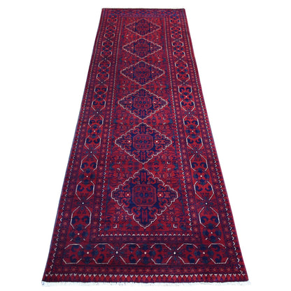 2'9"X9'5" Red Afghan Khamyab Wool Tribal Design Hand Knotted Runner Rug