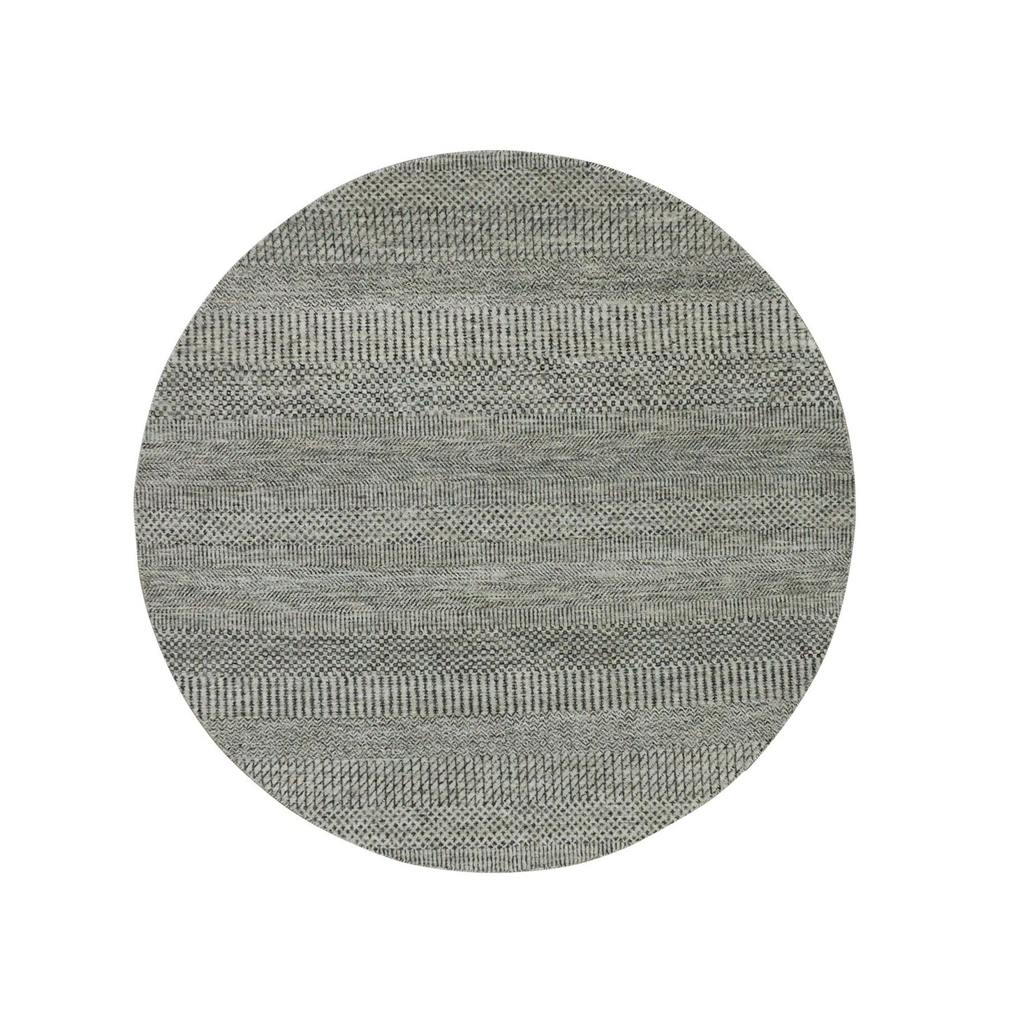5'X5' Silver Gray Undyed Wool Hand Knotted Modern Grass Design Round Rug