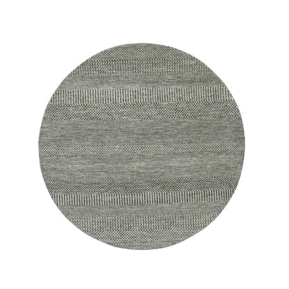 5'X5' Silver Gray Undyed Wool Hand Knotted Modern Grass Design Round Rug