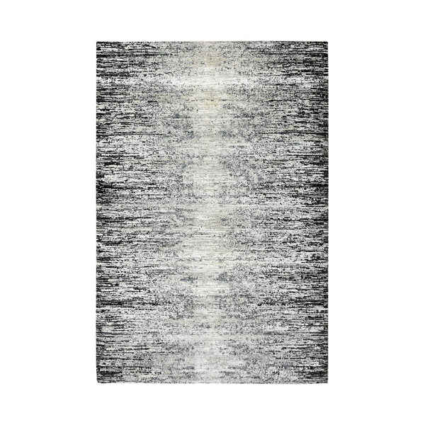 6'X9' Black Wool And Silk Hand Knotted Striae Design Oriental Rug