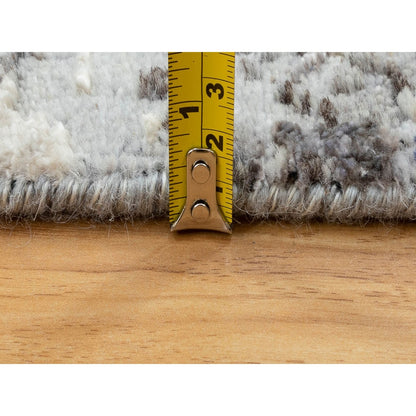 2'9"X9'8" Gray Abstract Design Wool And Silk Runner Hand Knotted Rug