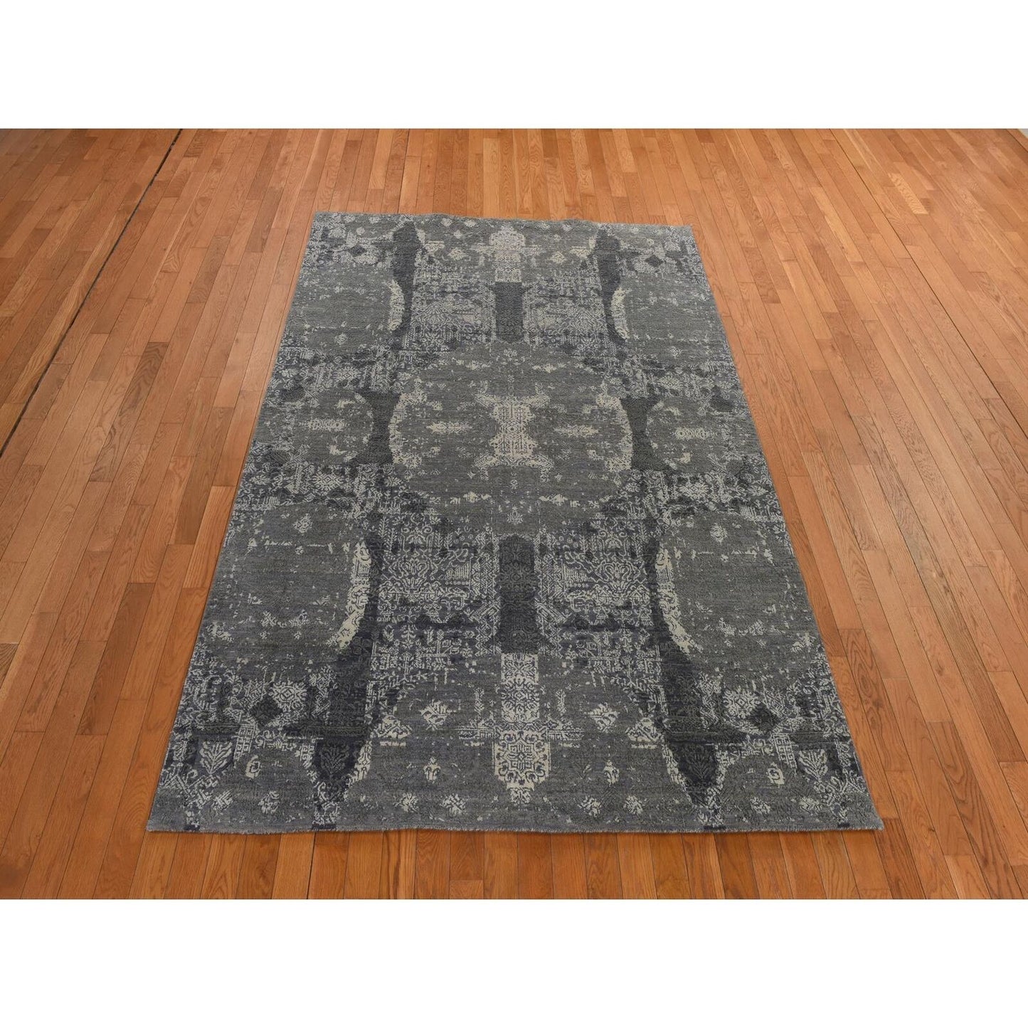 6'1"X9'2" Sonic Gray Jewelry Design Wool And Silk Hand Knotted Modern Rug