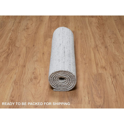 2'7"X8' Cloud Gray Modern Striae Design Pure Wool Hand Loomed Runner Rug