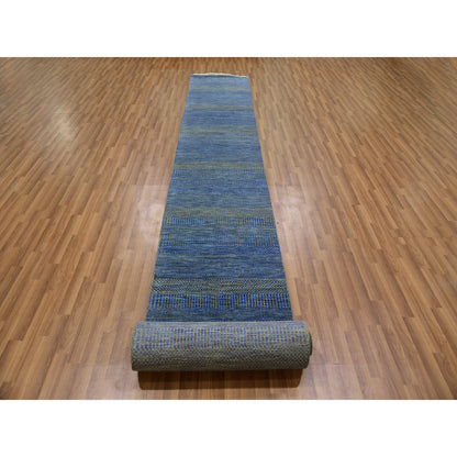 2'5"X20' Aegean Blue Grass Design Xl Runner Rug Hand Knotted Dyed Wool