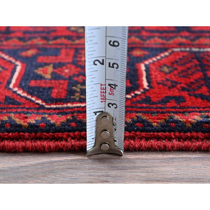 1'10"X4'10" Red Geometric Afghan Khamyab Soft Wool Hand Knotted Runner Rug