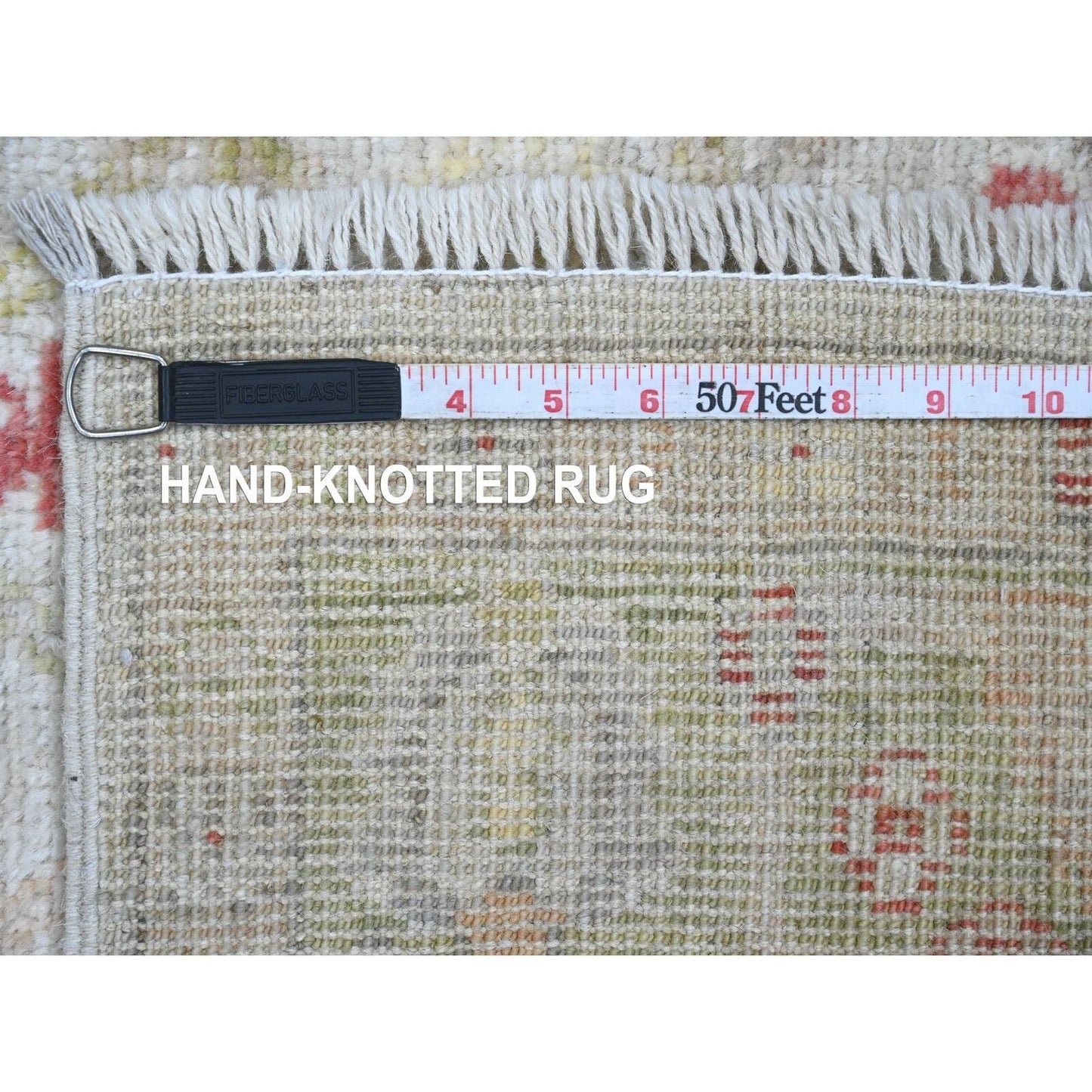 4'X11'9" White Hand Knotted Angora Oushak Leaf Pattern Wool Runner Rug