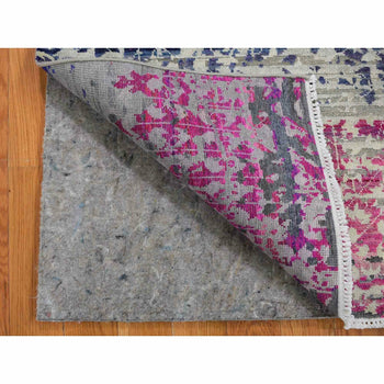 2'X2' Gray Sari Silk With Textured Wool Hand Knotted Oriental Rug