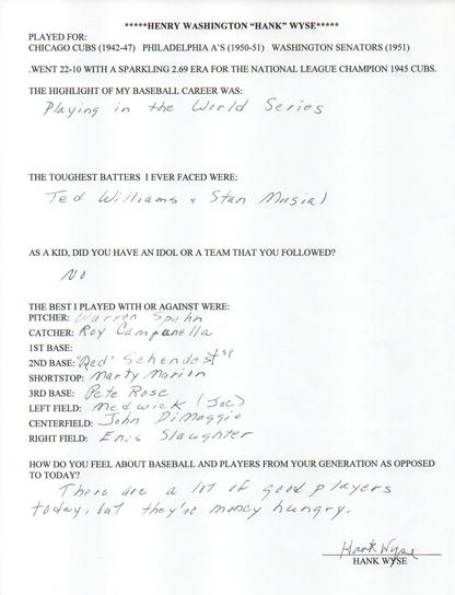 Hank Wyse Autographed Hand Filled Out Survey Page (Jsa)
