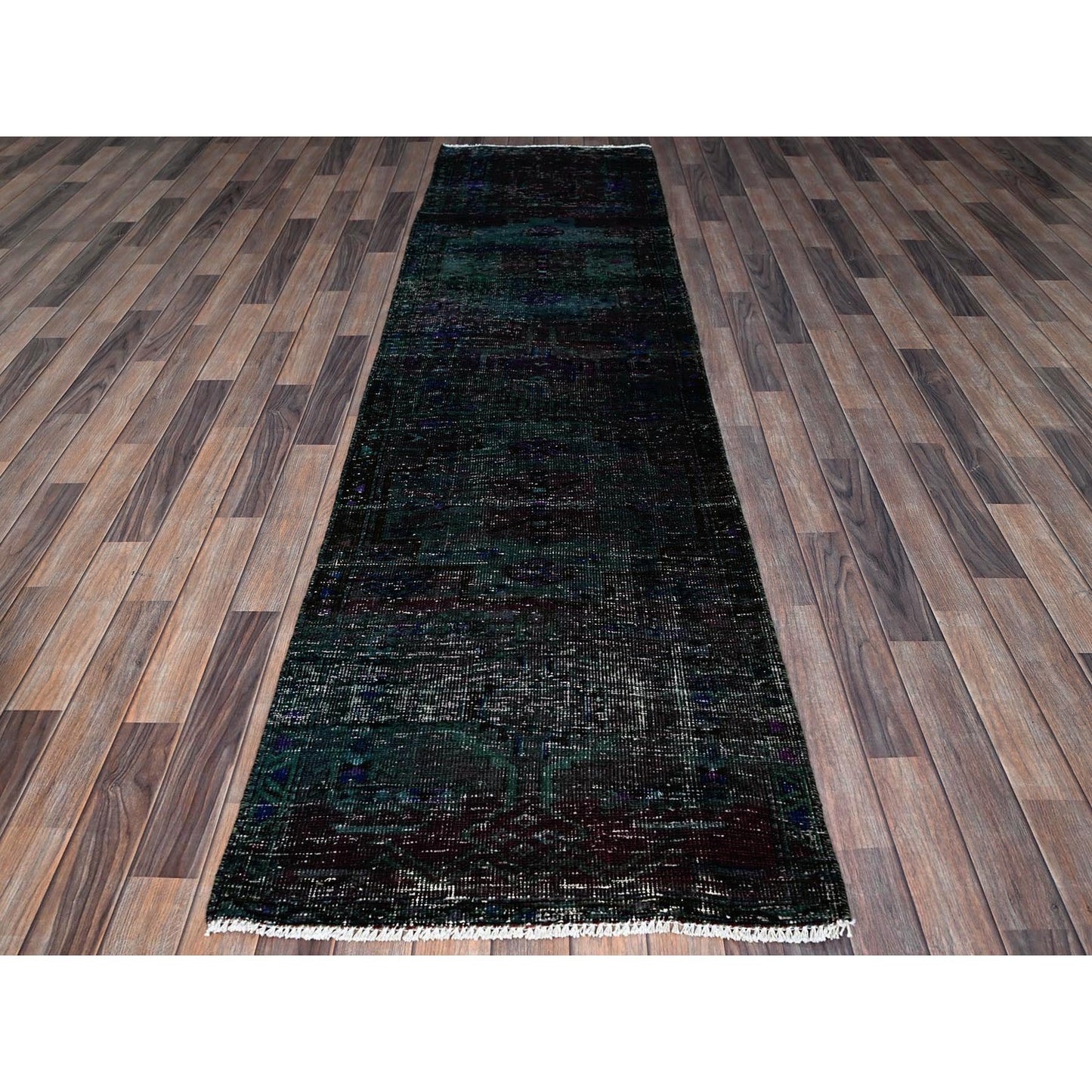 2'8"X9'6" Overdyed Green Vintage Zoroastrian Wool Hand Knotted Runner Rug