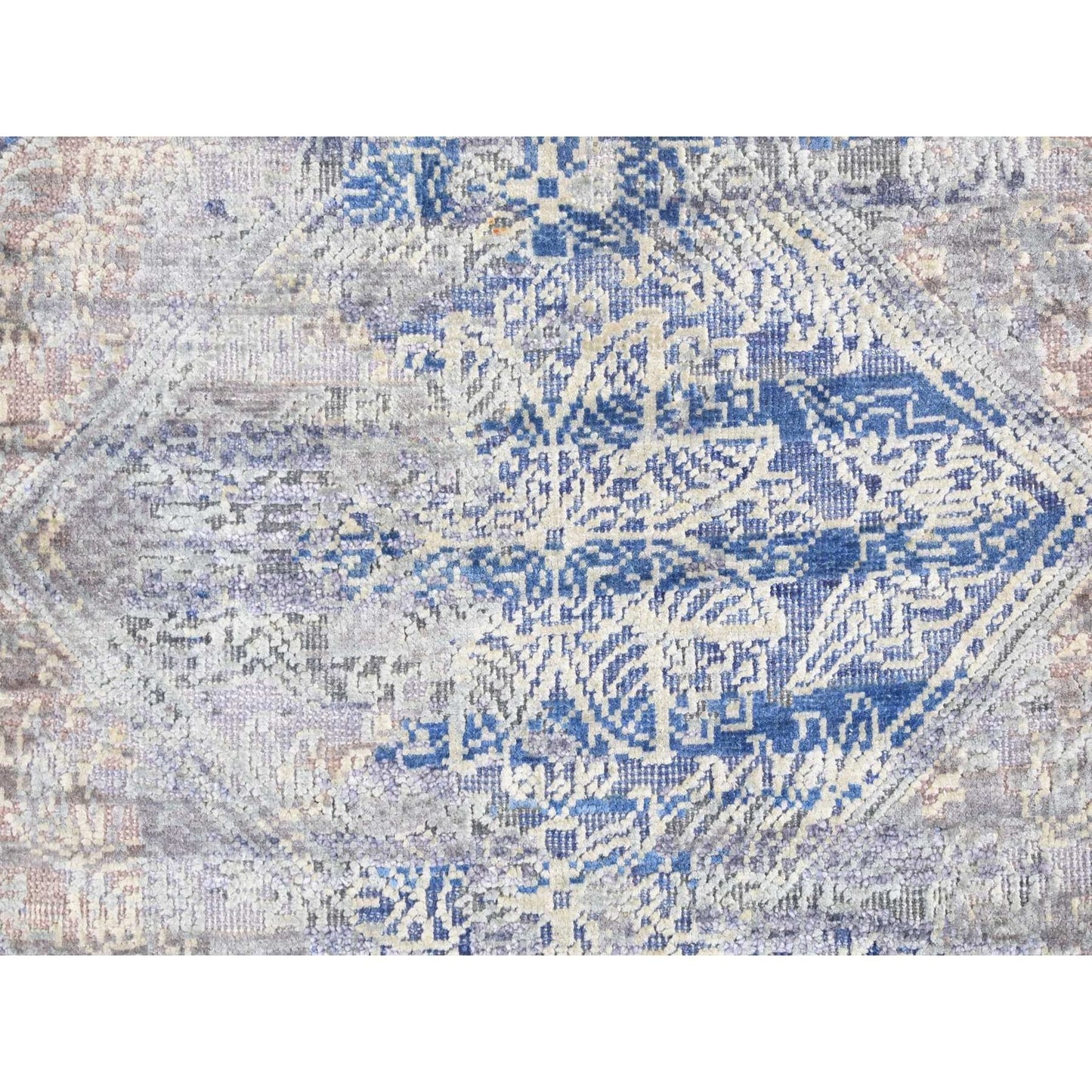 2'X3'1" Blue Erased Rossets Silk With Wool Hand Knotted Sample Rug