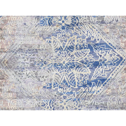 2'X3'1" Blue Erased Rossets Silk With Wool Hand Knotted Sample Rug