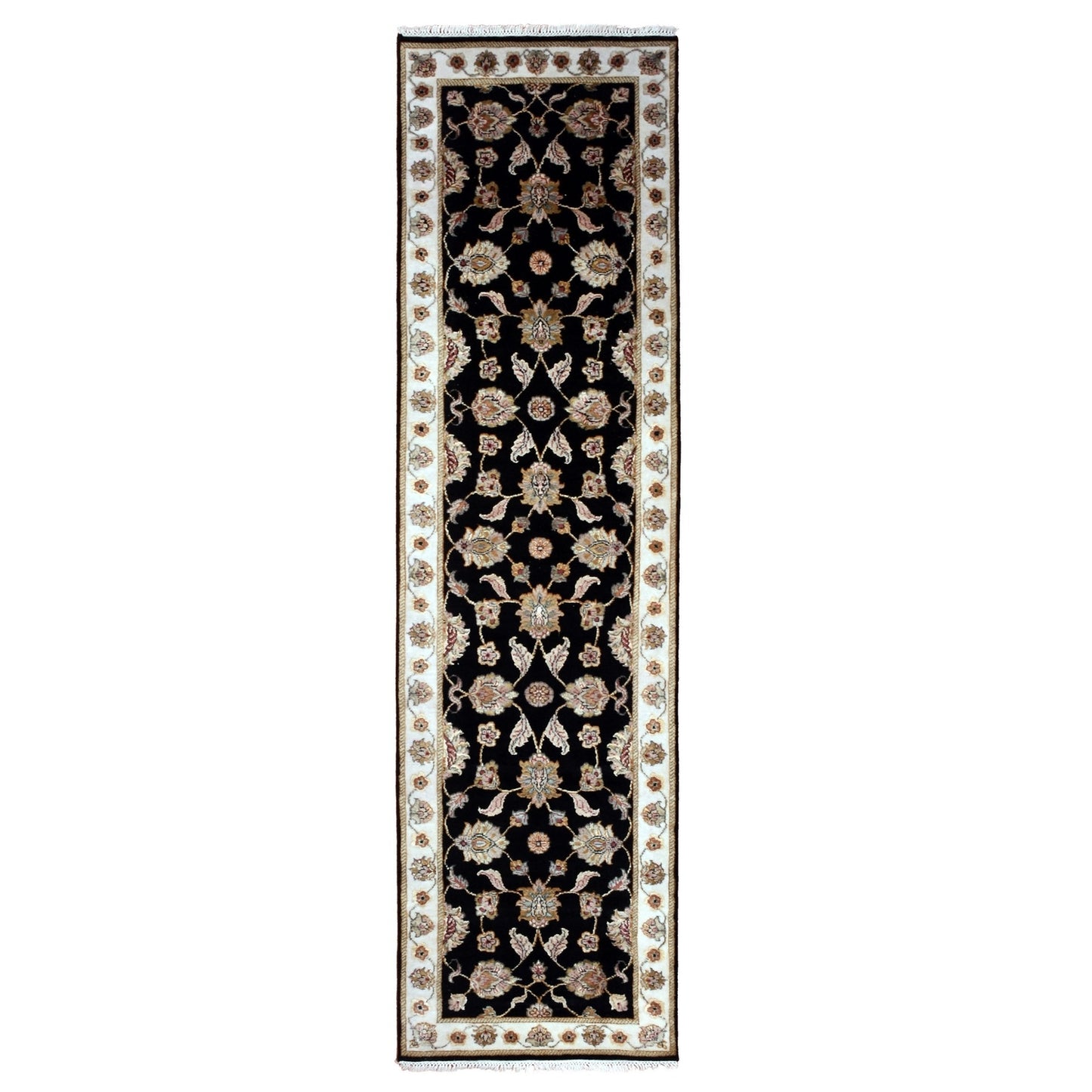 2'7"X10' Black Wool Silk Hand Knotted Rajasthan Leaf Design Runner Rug