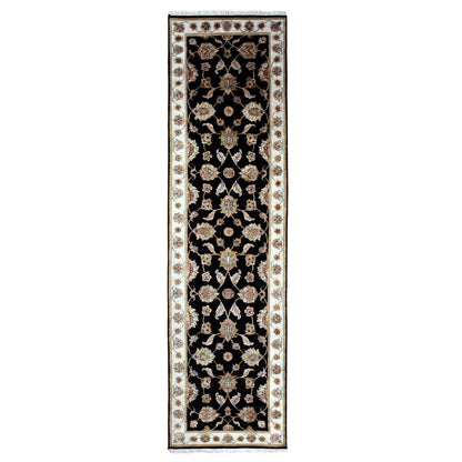 2'7"X10' Black Wool Silk Hand Knotted Rajasthan Leaf Design Runner Rug