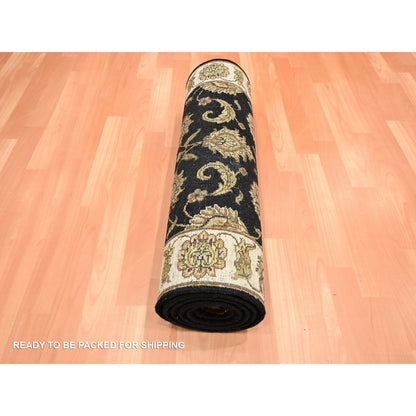 2'6"X8' Black Rajasthan Leaf Design Hand Knotted Wool & Silk Runner Rug