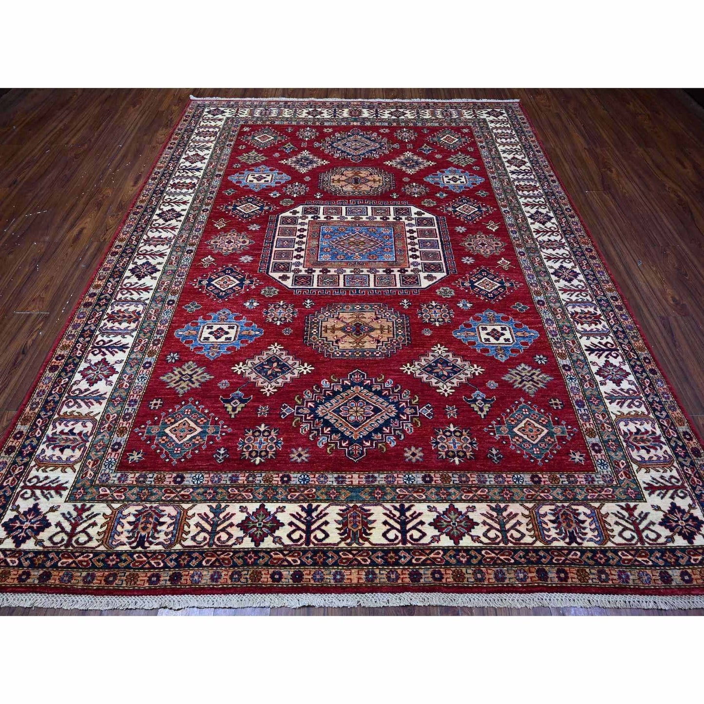 7'9"X9'9" Cereza Red Hand Knotted Afghan Super Kazak Wool Oriental Rug