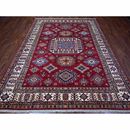 7'9"X9'9" Cereza Red Hand Knotted Afghan Super Kazak Wool Oriental Rug
