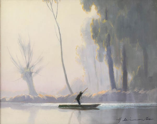 Morning Mist Hermann Signed Boatman Oil German Art Painting